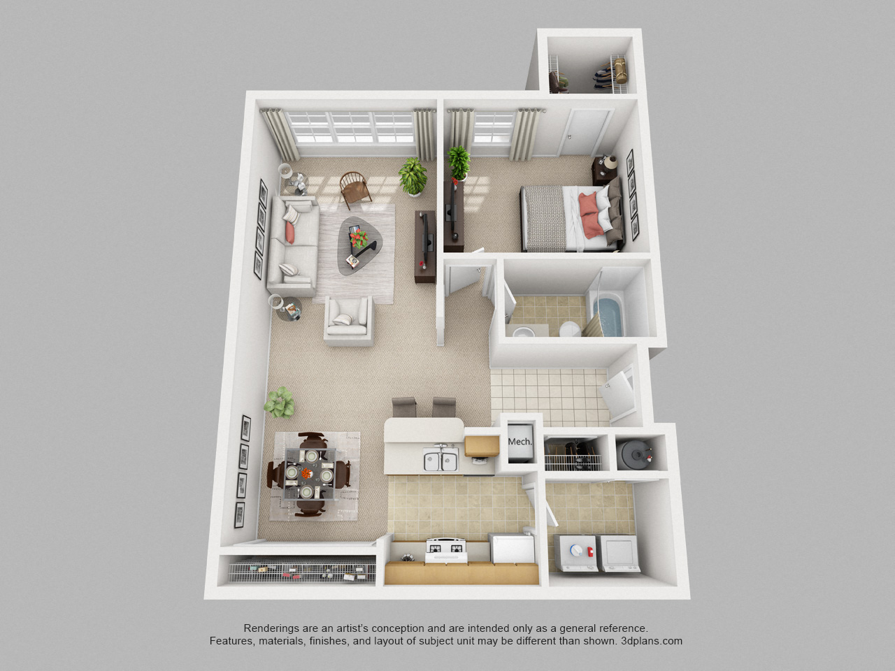 Floor plan for 1 bed, 1 bath, 814 sqft